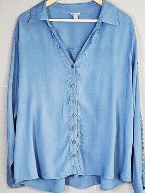 Cato EST. 1946 Blue Rayon Fringe Button Front Stud Sleeve Blouse Plus 18/20W